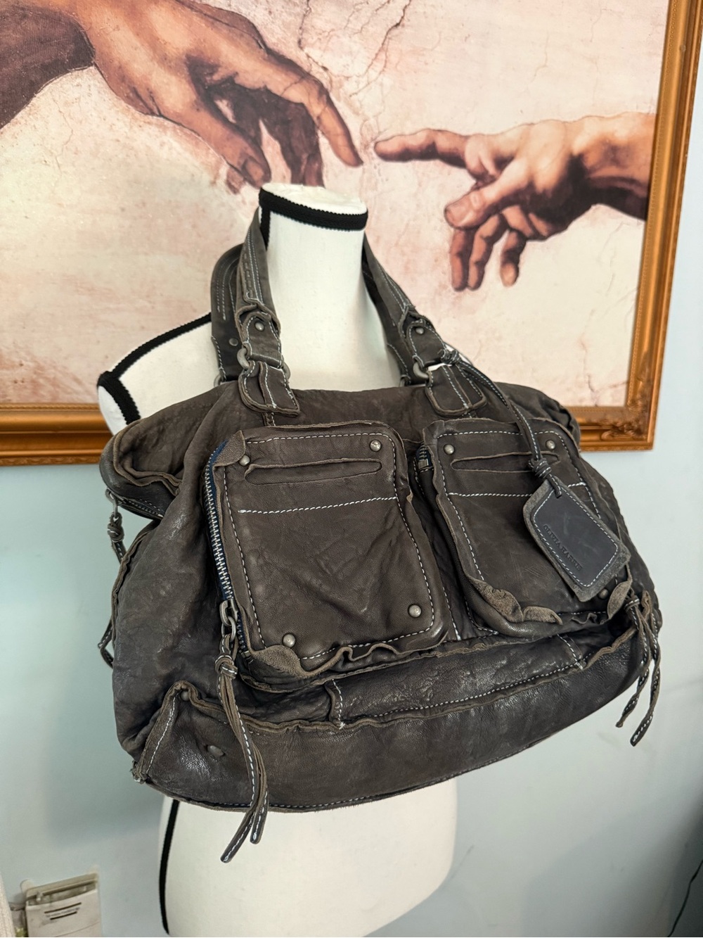 OLIVIA HARRIS Dark Gray LEATHER SATCHEL TOTE  BAG Purse Pocketbook